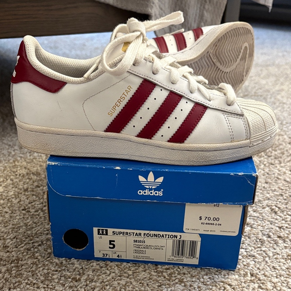 Adidas Superstar White and Burgundy Sneakers